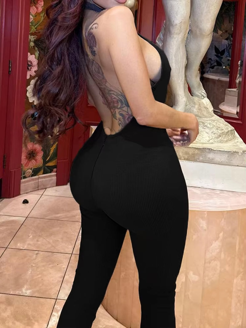 Summer Sleeveless Black Jumpsuits Women Turtleneck Sexy Backless Bodycon Streetwear Jumpsuits Club Casual Skinny Sports Rompers