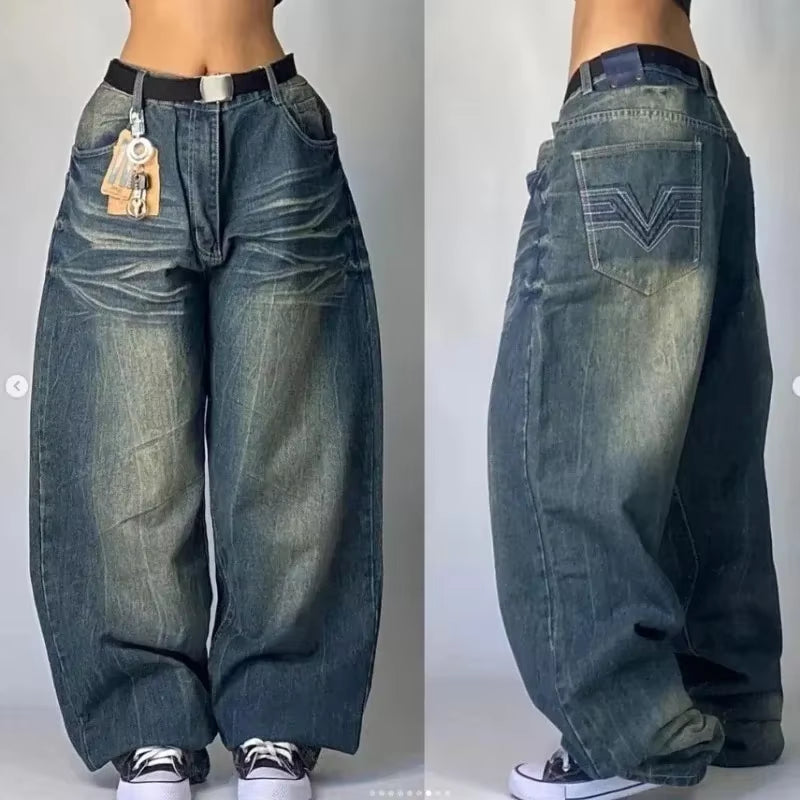 Streetwear American New Washed Light Blue Baggy Jeans Men and Women Y2K High Street Fashion Retro Punk High Waist Wide Trousers