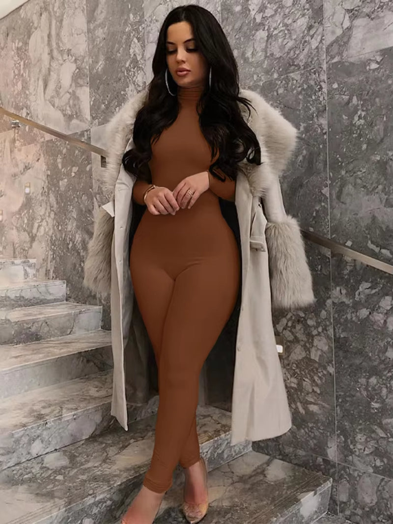 2024 Fall Long Sleeve Solid Turtleneck Sexy Skinny Bodycon Jumpsuit Women Fashion Streetwear Casual Romper Overalls
