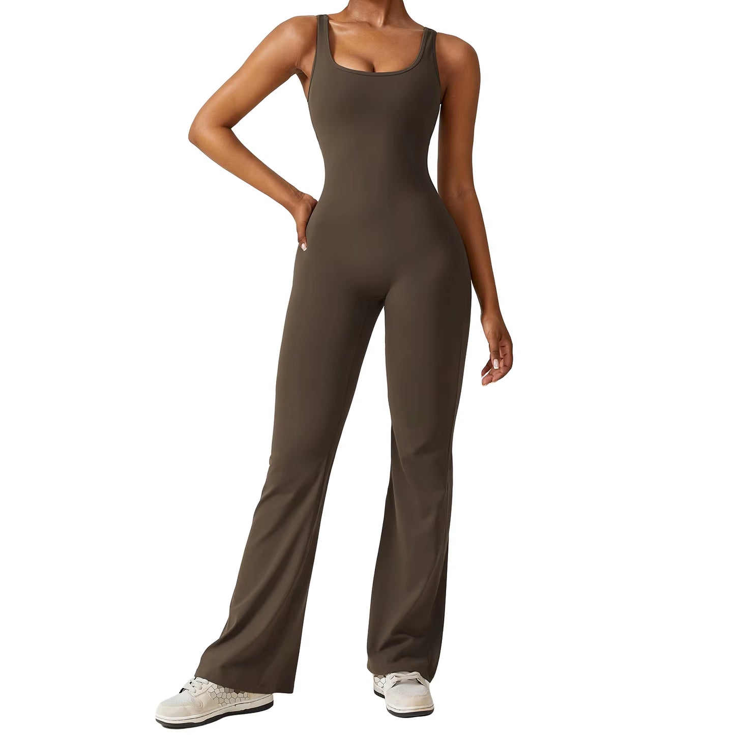 Sexy Hollow Backless Scrunch Gym Flare Jumpsuit Sport Leisure Women 1 Piece Clothing Yoga Dance Jump Suit Black Fitness Overalls