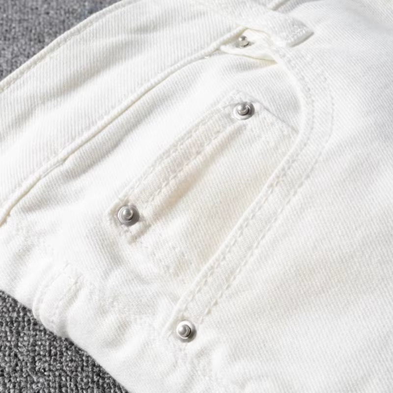 Men'S White Crystal Holes Ripped Jeans Fashion Slim Skinny Rhinestone Stretch Denim Pants