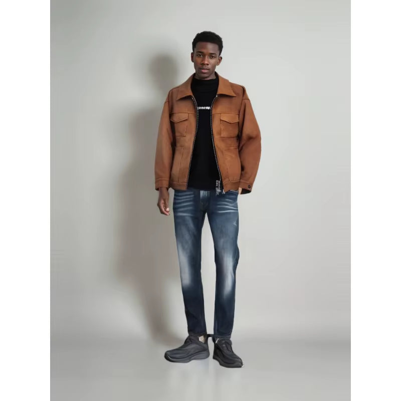 Vintage High Street Suede Material Crock Jacket with Zipper Lapel Casual Short Jacket for Men
