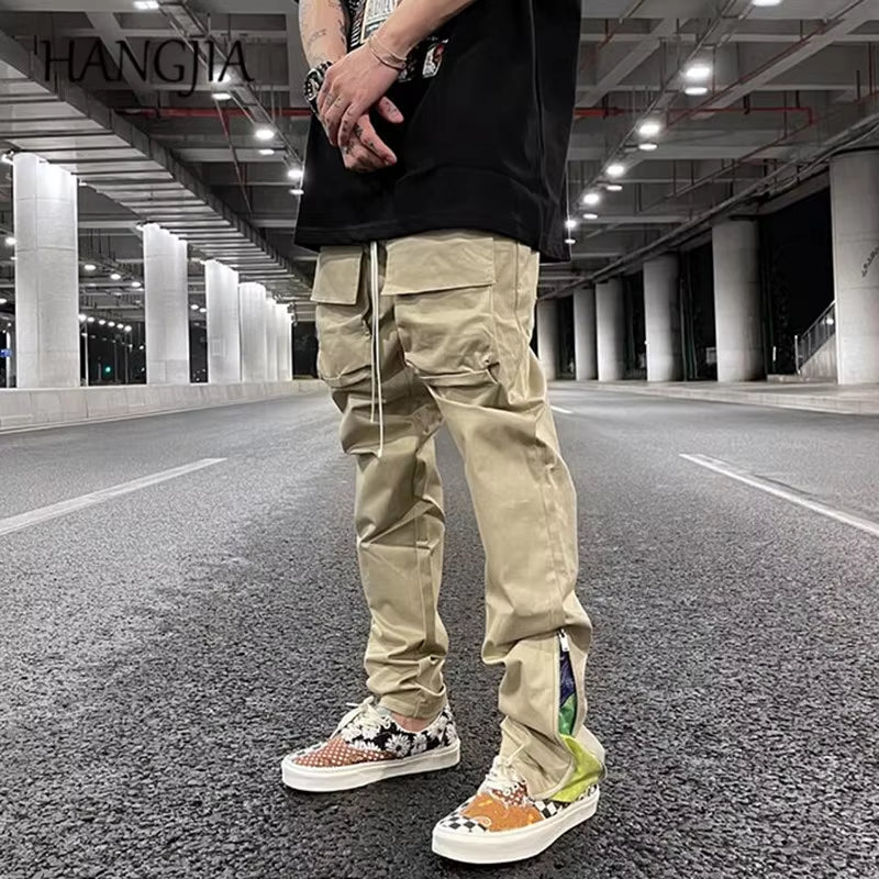Streetwear Patchwork Cashew Flower Print Cargo Pants Y2K Men Hip Hop Casual Functional Slim Cargo Trousers Male Pocket Side Zip