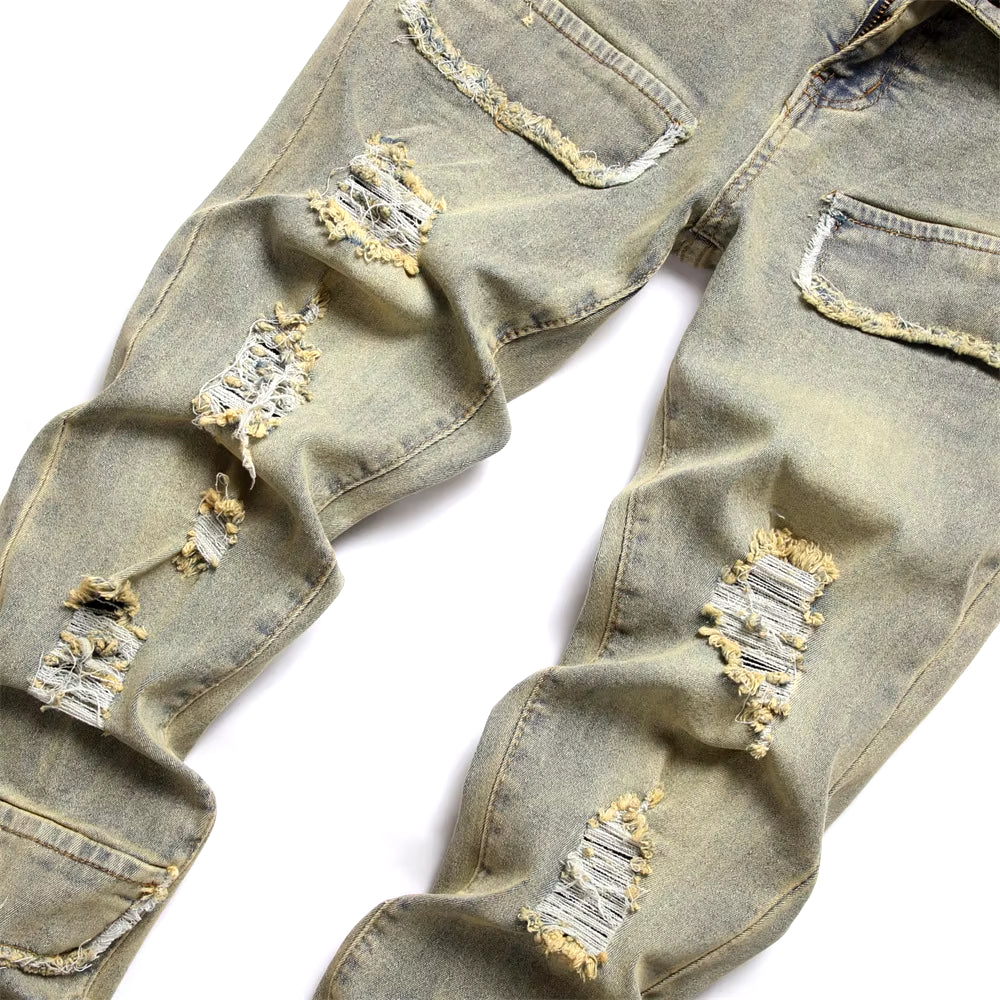 Streetwear Retro Style Men Ripped Spliced Slim Jeans Trousers Hip Hop Holes Stylish Denim Pants for Male