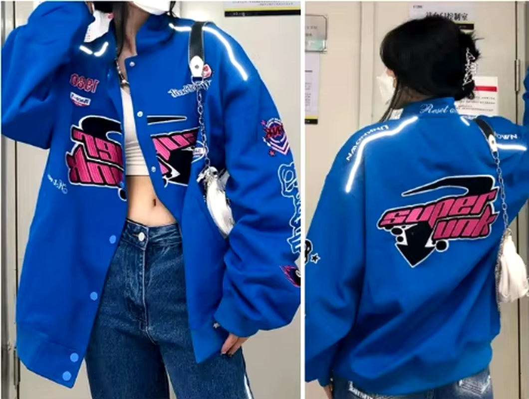 Autumn Varsity Jacket Long Sleeve Motorcycle Jacket Racing Baseball Jacket Women Y2K Printed Casual Loose Coat Single-Breasted