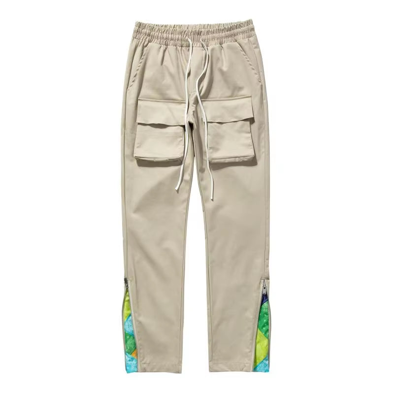 Streetwear Patchwork Cashew Flower Print Cargo Pants Y2K Men Hip Hop Casual Functional Slim Cargo Trousers Male Pocket Side Zip