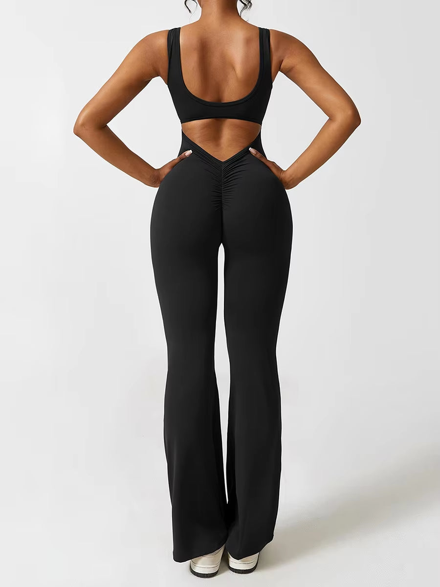 Sexy Hollow Backless Scrunch Gym Flare Jumpsuit Sport Leisure Women 1 Piece Clothing Yoga Dance Jump Suit Black Fitness Overalls