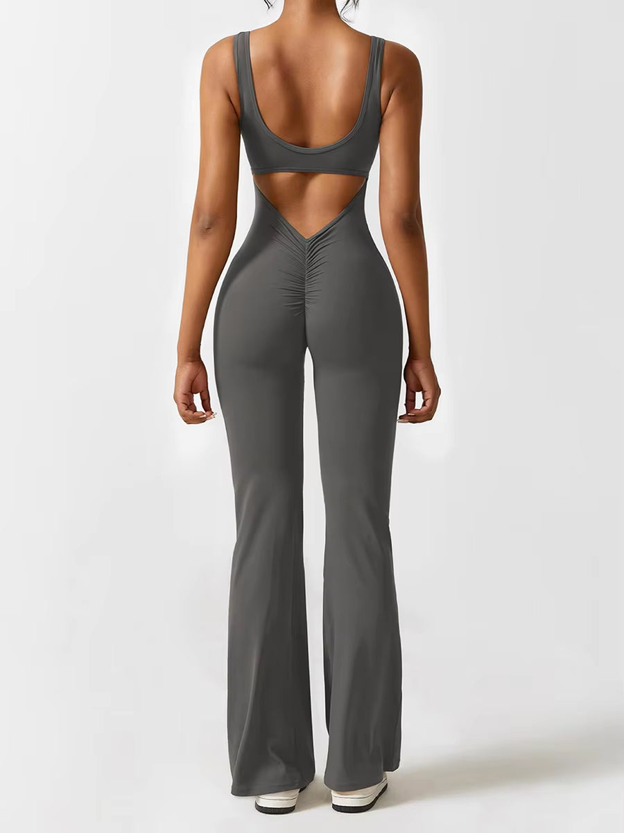 Sexy Hollow Backless Scrunch Gym Flare Jumpsuit Sport Leisure Women 1 Piece Clothing Yoga Dance Jump Suit Black Fitness Overalls