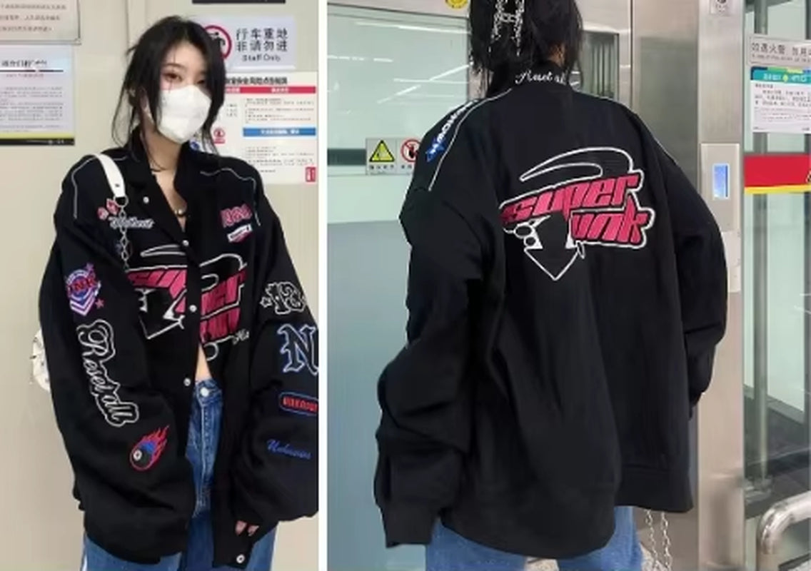 Autumn Varsity Jacket Long Sleeve Motorcycle Jacket Racing Baseball Jacket Women Y2K Printed Casual Loose Coat Single-Breasted