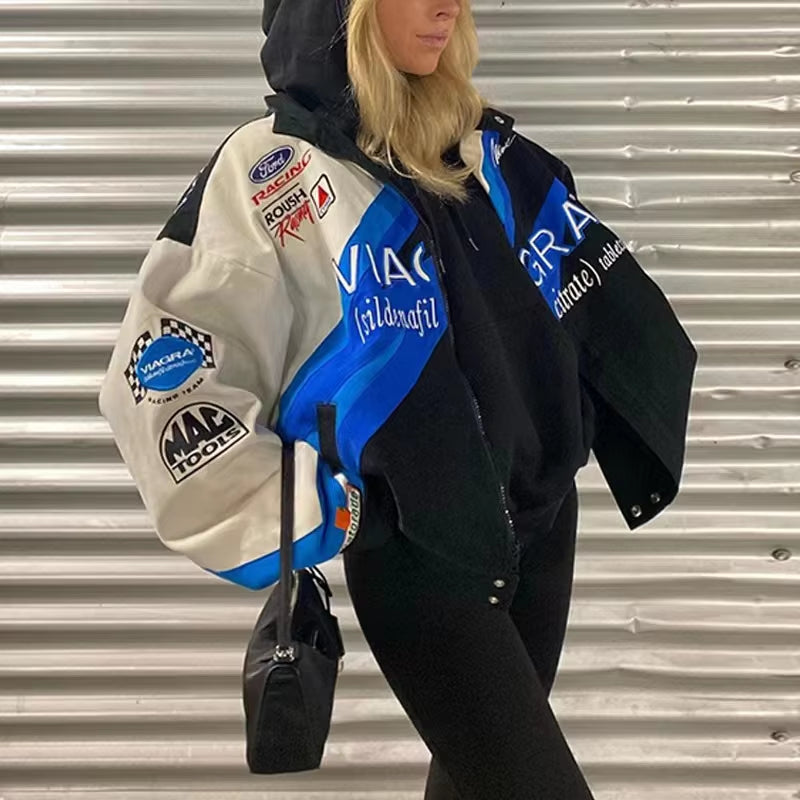 Autumn Varsity Jacket Long Sleeve Motorcycle Jacket Racing Baseball Jacket Women Y2K Printed Casual Loose Coat Single-Breasted