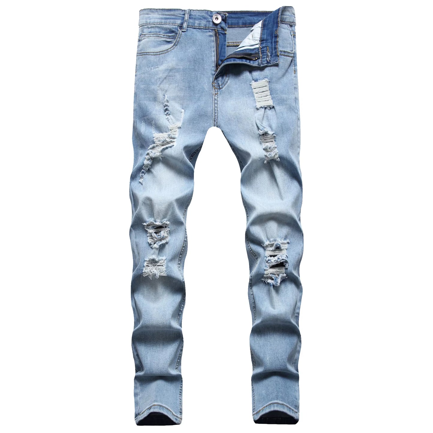 2024 New European and American Style Men'S Ripped and Faded Slim-Fit Jeans, Fashionable Vintage Casual Slim-Fit Pants S-XXXL