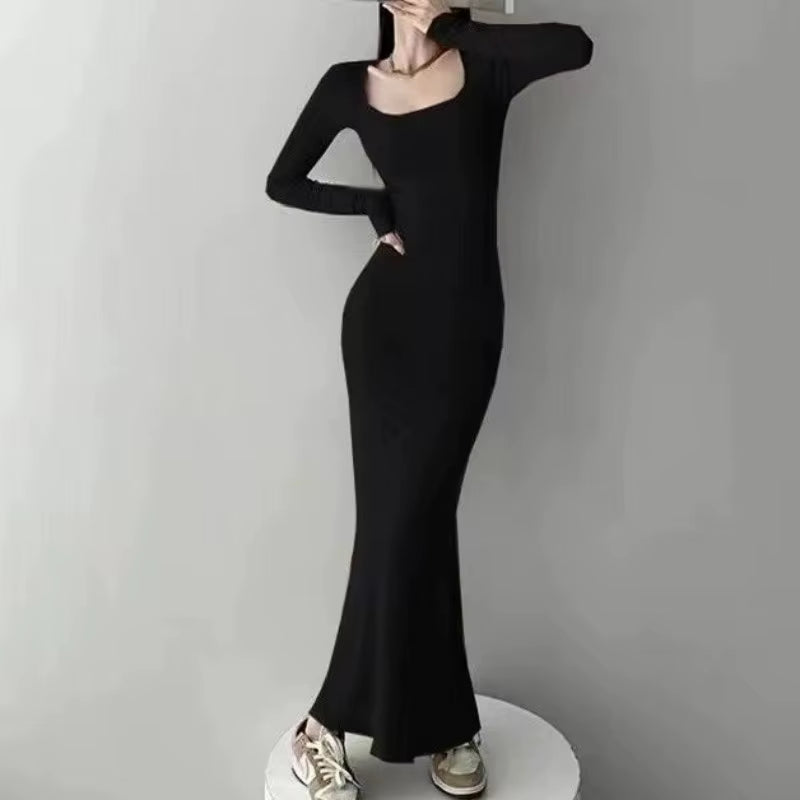 Women Spring Autumn Style Long Sleeve Low Cut Collar Solid Color Mermaid Sexy Dress