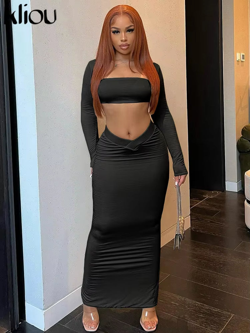 Solid Casual Two Piece Set Women Hipster Full Sleeve Square Neck Crop Tees+Elastic Waist Long Skirts Female Street Outfits