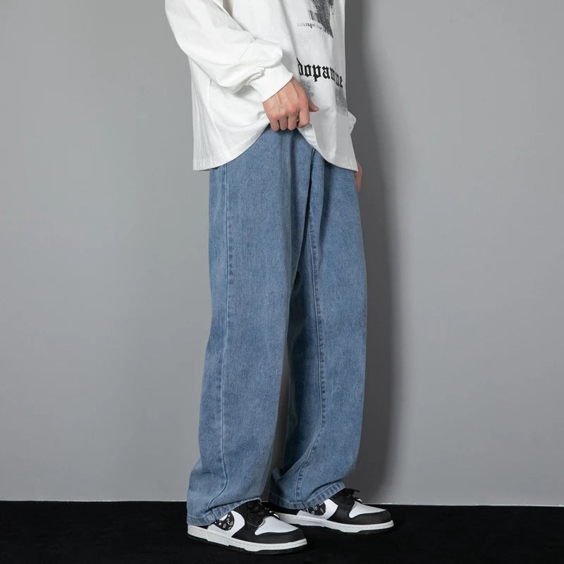 2025 New Korean Men'S Casual Long Jeans Classic Man Straight Denim Wide-Leg Pants Solid Color Light Blue Grey Black 3XL