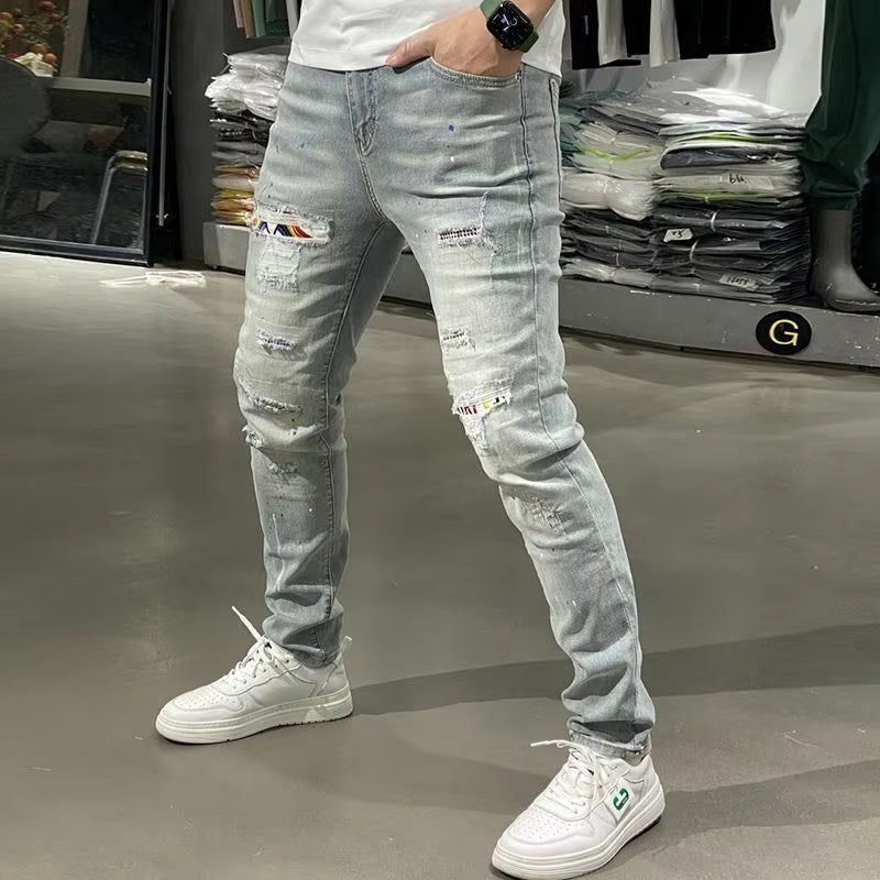 Designer Boyfriend Jeans for Men Vintage Patched Ripped Holes 90S Trendy Style Skinny Blue Distressed Washed Denim Pants Male