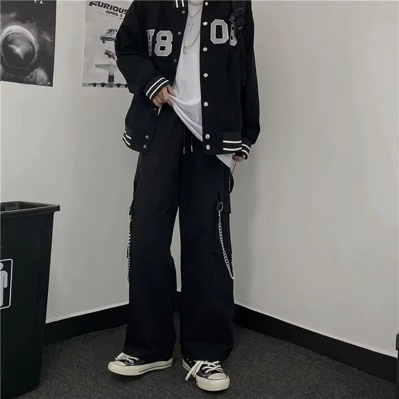 Goth Punk Black Cargo Pants with Chain Streetwear Men Wide Leg Trousers Harajuku Hip Hop Hombre Casual Joggers Pantalon Homme