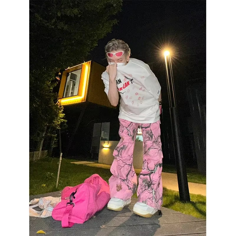 American Stylevintage Multi-Layered Casual Pants Loose-Fit Straight-Leg Printed Cargo Pants for Men Women in Spring Autumn