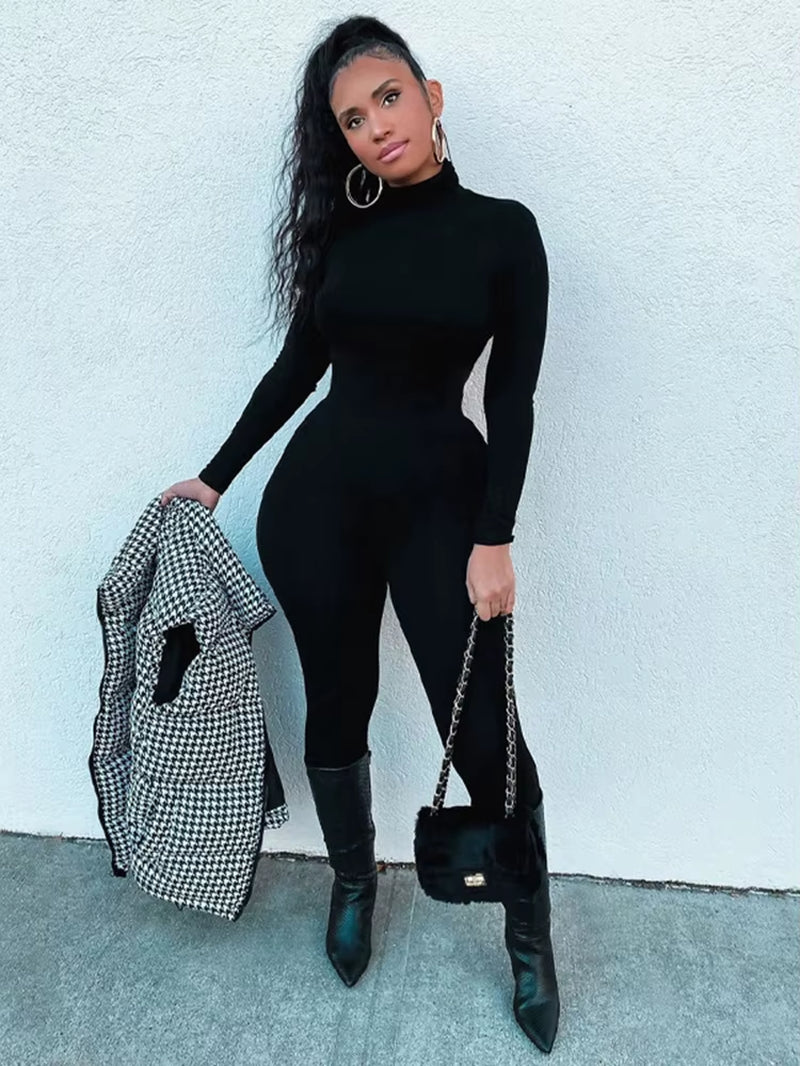2024 Fall Long Sleeve Solid Turtleneck Sexy Skinny Bodycon Jumpsuit Women Fashion Streetwear Casual Romper Overalls