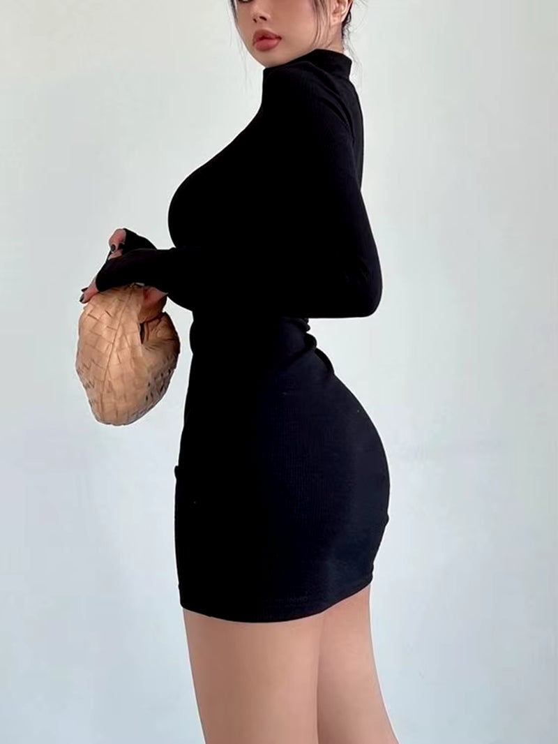 Turtleneck Long Sleeves Dresses Black Sexy Pleated Bodycon Mini Dress 2025 Fall Winter Women Streetwear Party Club Y2K Clothings