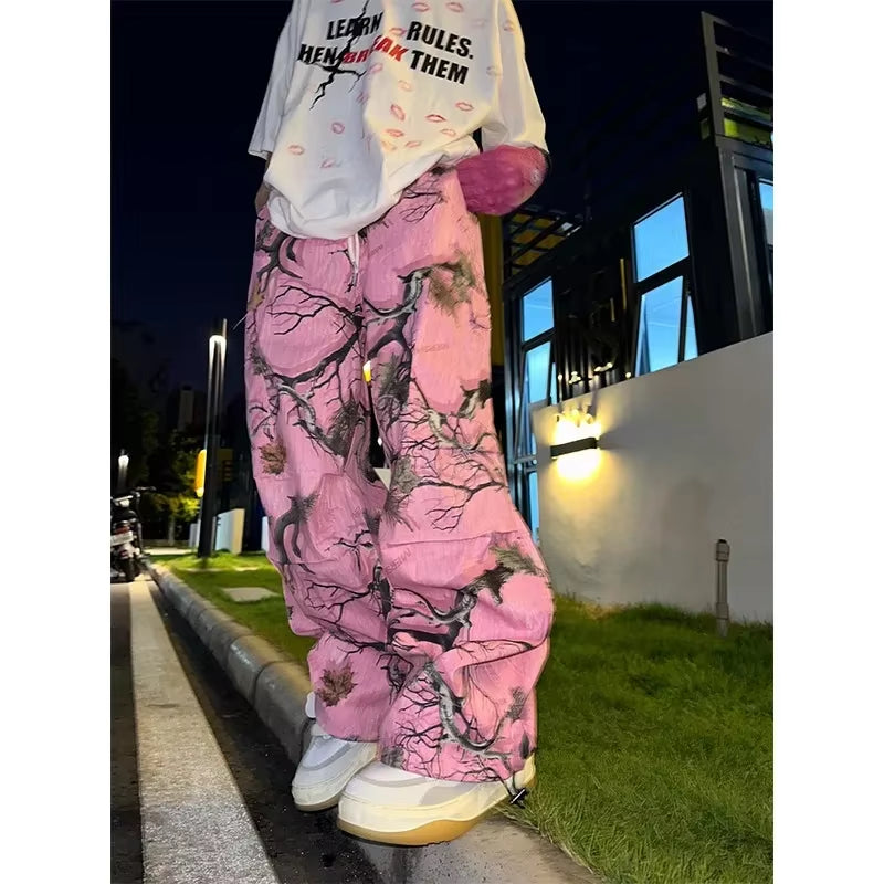 American Stylevintage Multi-Layered Casual Pants Loose-Fit Straight-Leg Printed Cargo Pants for Men Women in Spring Autumn