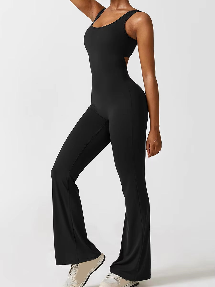 Sexy Hollow Backless Scrunch Gym Flare Jumpsuit Sport Leisure Women 1 Piece Clothing Yoga Dance Jump Suit Black Fitness Overalls