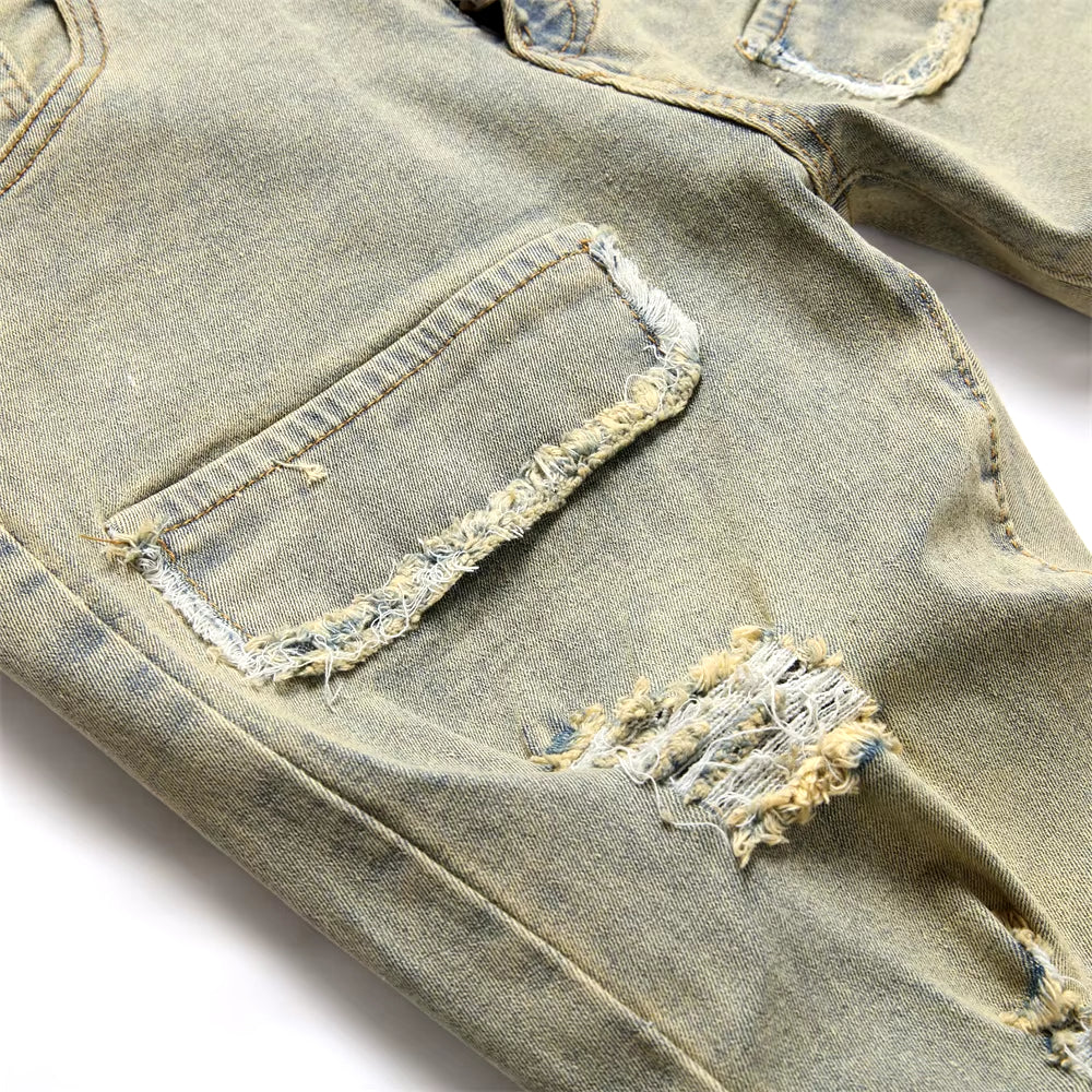 Streetwear Retro Style Men Ripped Spliced Slim Jeans Trousers Hip Hop Holes Stylish Denim Pants for Male