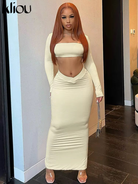 Solid Casual Two Piece Set Women Hipster Full Sleeve Square Neck Crop Tees+Elastic Waist Long Skirts Female Street Outfits