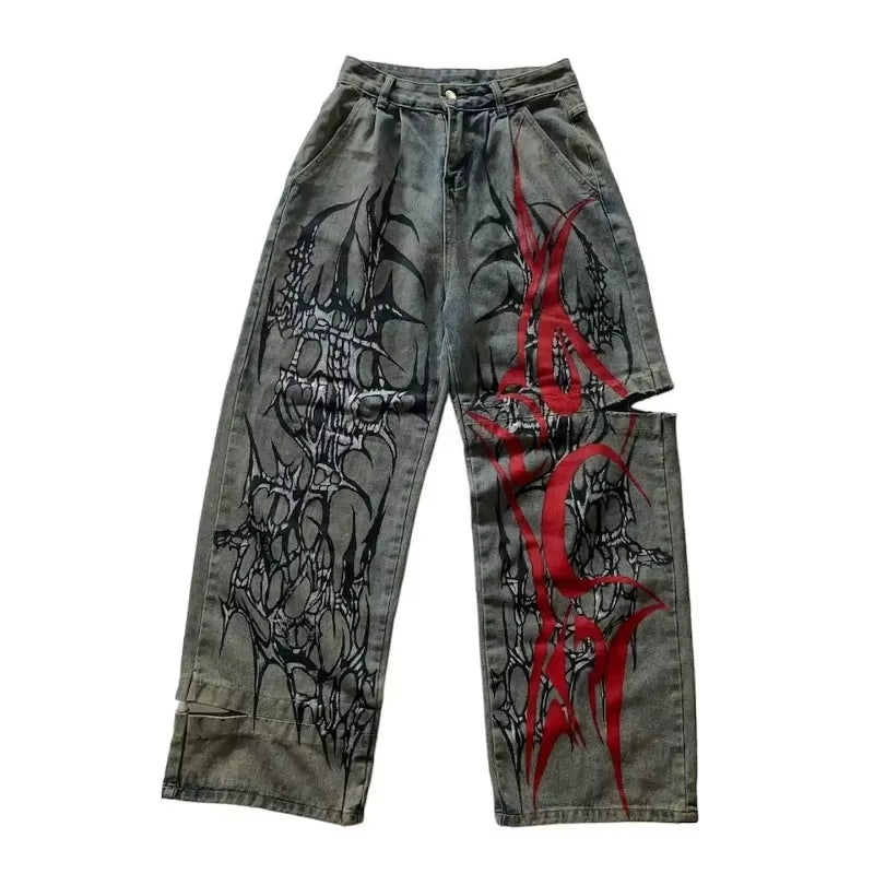 American Virtue Brand Original Splash Ink Skull Skin Embroidery Slim Jeans Y2K Street Straight Casual Pants Men and Women