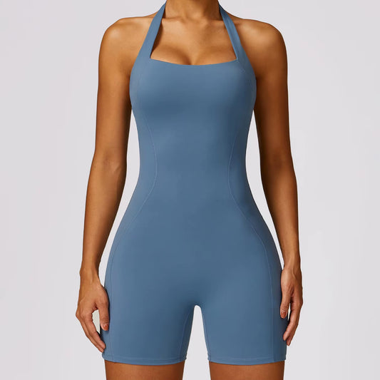 Women'S Halter Backless Short Jumpsuit One-Piece Tight Fit Gym Sports Yoga Jumpsuits for Women Sportswear Outfit Workout Clothes