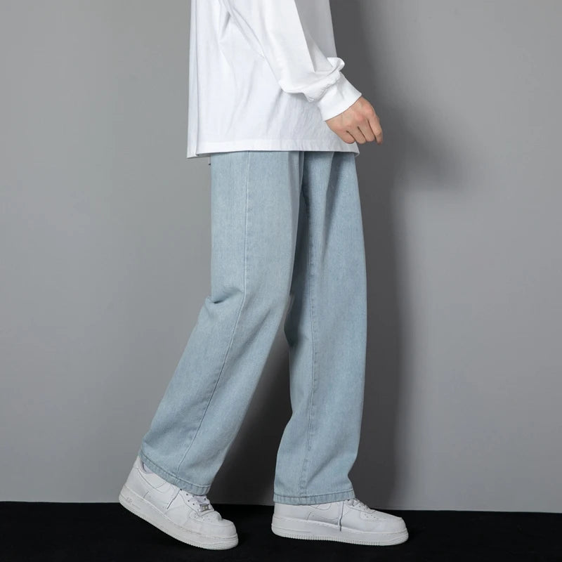 2025 New Korean Men'S Casual Long Jeans Classic Man Straight Denim Wide-Leg Pants Solid Color Light Blue Grey Black 3XL