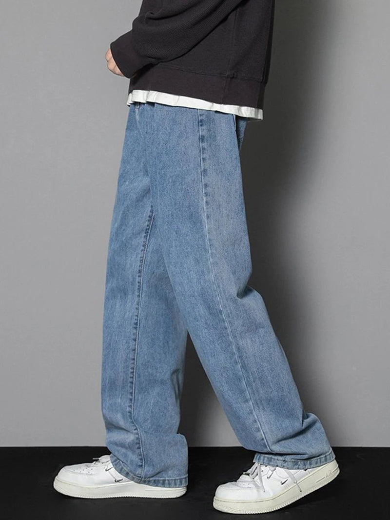 2025 New Korean Men'S Casual Long Jeans Classic Man Straight Denim Wide-Leg Pants Solid Color Light Blue Grey Black 3XL