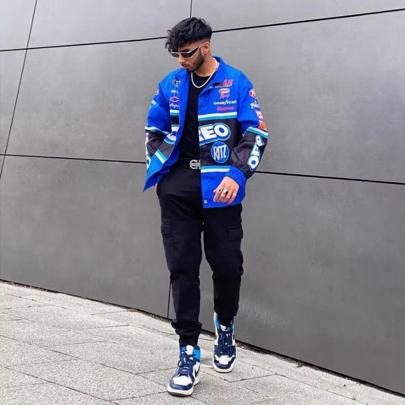 Autumn Varsity Jacket Long Sleeve Motorcycle Jacket Racing Baseball Jacket Women Y2K Printed Casual Loose Coat Single-Breasted