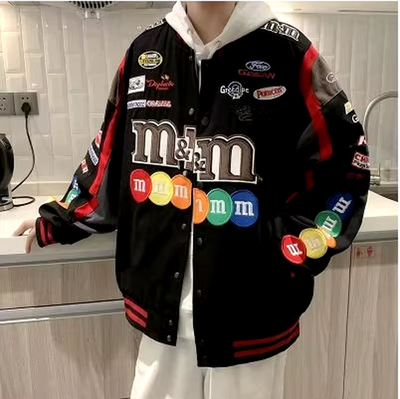 Autumn Varsity Jacket Long Sleeve Motorcycle Jacket Racing Baseball Jacket Women Y2K Printed Casual Loose Coat Single-Breasted